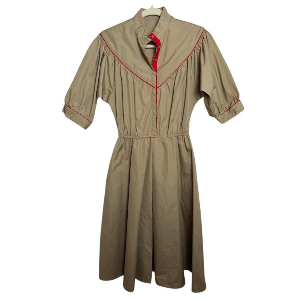 Vintage Khaki Western Midi Dress Womens Puff Sleeve Uniform Utility Dress Snaps